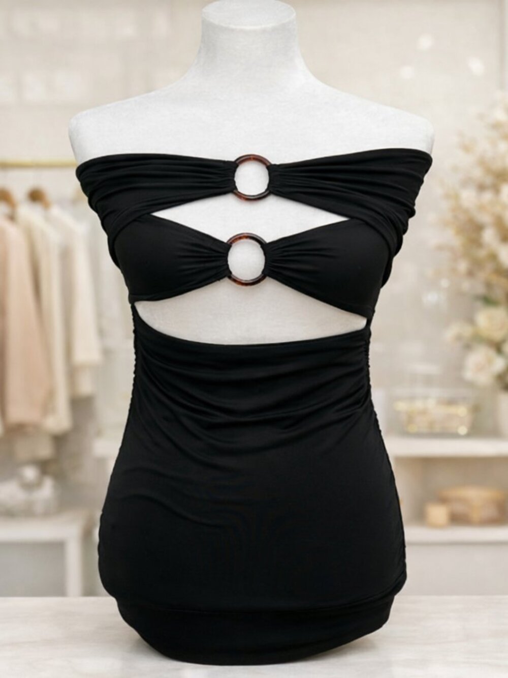 Black Ring‑Detail Cutout Strapless Bodycon Sexy Mini Dress GNO Clubwear NWOT